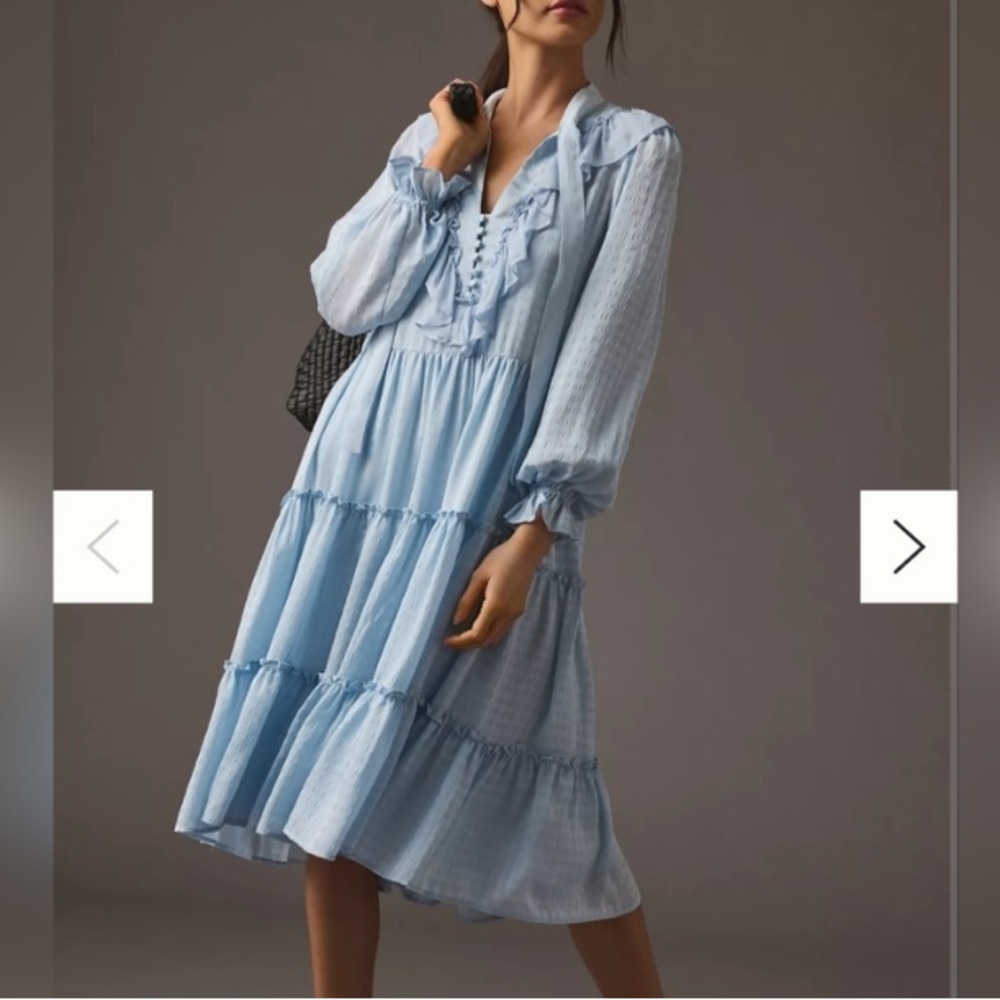 Anthropologie blue tiered ruffle detail dress Sz M medium